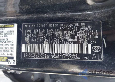 2005 Toyota Corolla S z USA, uszkodzony, nr VIN 2T1BR30E55C343623